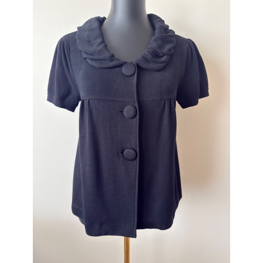 INC International Concepts Black Silk Blend Ruffle Collar Cardigan Sweater M